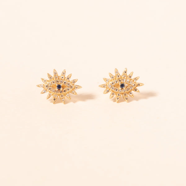 petite gold and diamond evil eye burst with sapphire studs