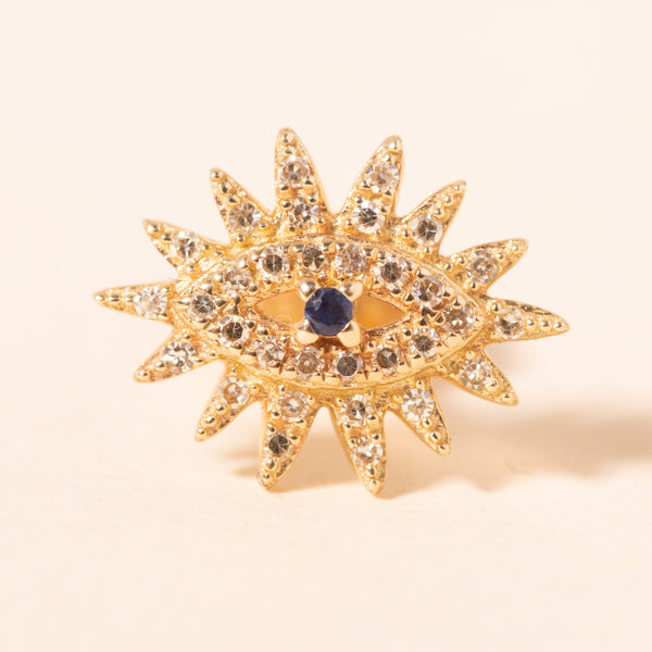 petite gold and diamond evil eye burst with sapphire studs
