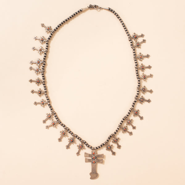 Silver and Coral Cross Necklace