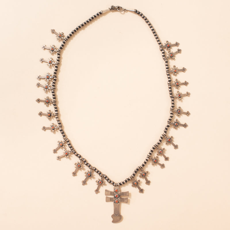 Silver and Coral Cross Necklace