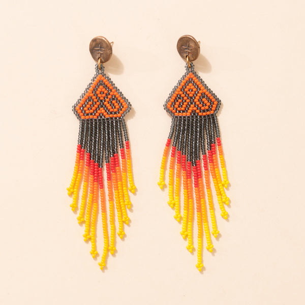 Huichol Dragonfly Orange Tassel Bead Earrings