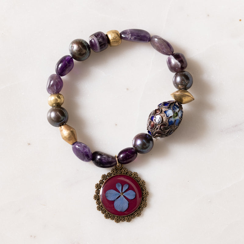Amethyst, Brass, Pearl, CZ Diamond, and Pressed Flower Charm Bloom Bracelet