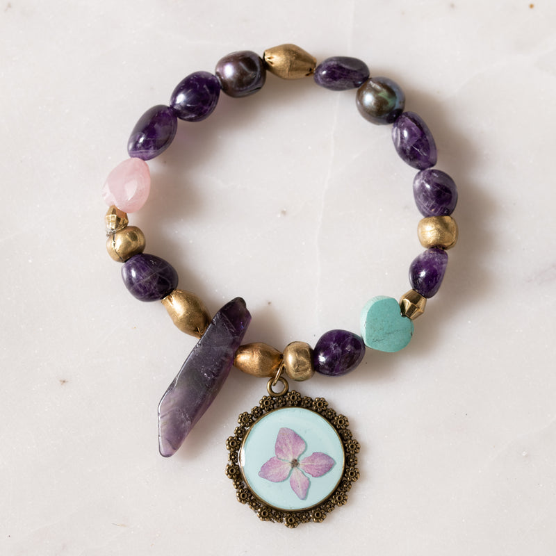 Amethyst, Brass, Pearl, CZ Diamond, and Pressed Flower Charm Bloom Bracelet