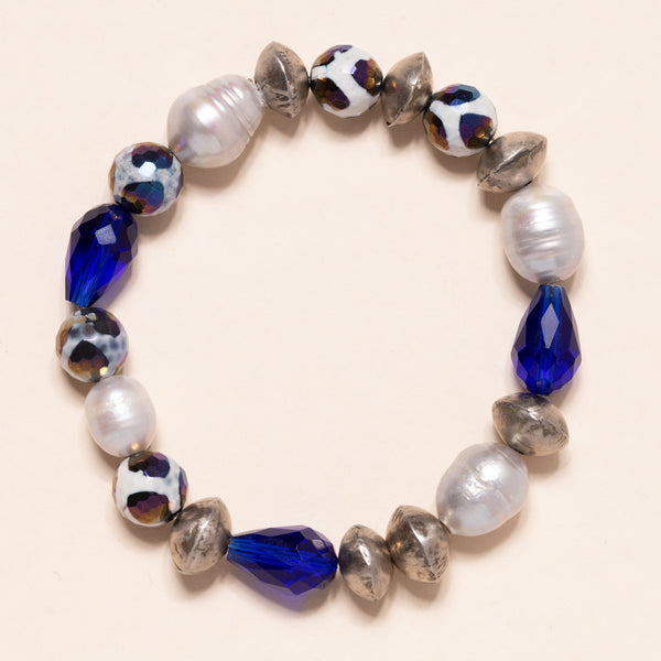 Vintage Blue African Glass, Pearls, Plated Agate Bloom Bracelet