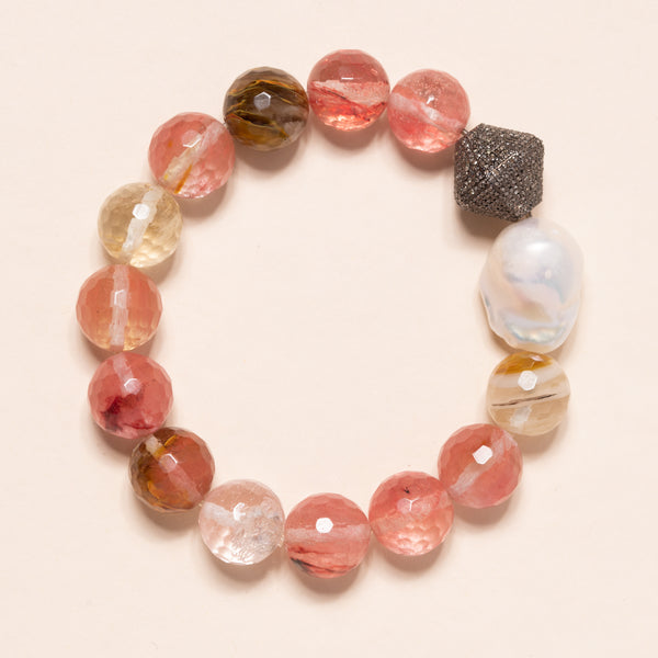 Strawberry Quartz, Natural Pearl, and Oxidized Silver and Pave Diamond Bead Bloom Bracelet