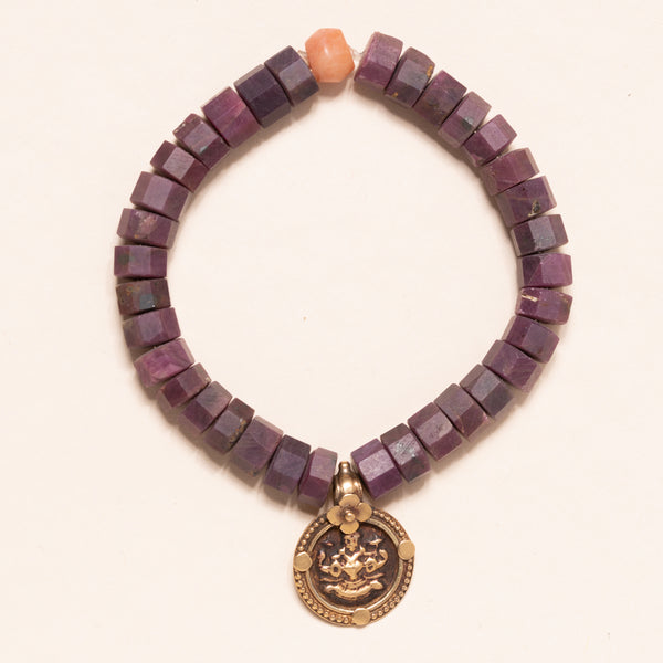 Ruby Octagon Domed Beads with Vintage 24K Gold Indian Pendant Bracelet