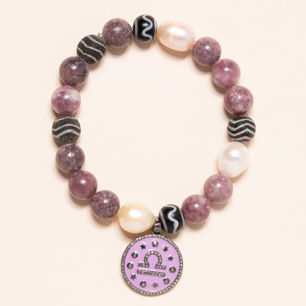 Lepidolite, Vintage African Beads and Pearls with Diamond and Enamel Libra Pendant Bloom Bracelet