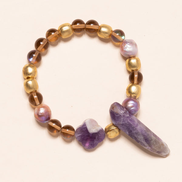Amethyst Shard with Aura Citrine and African Brass Bead Bloom Bracelet