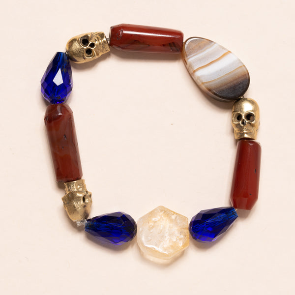African Carnelian Beads with Geo Slice and Brass Skulls Bloom Bracelet