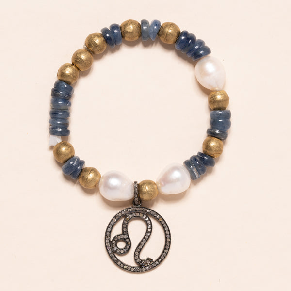 Kyanite, Brass and Pearl with Diamond Leo Pendant Bloom Bracelet