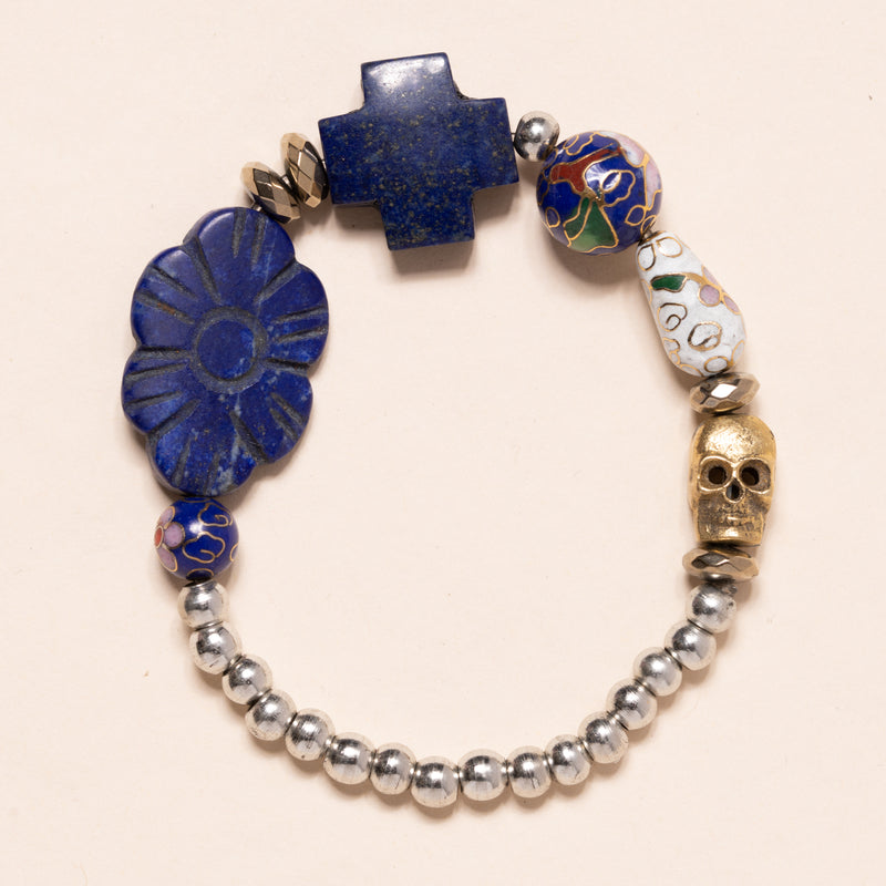 Lapis, Pyrite, Silver Bead, Italian Enamel, & Brass Bead Bracelet