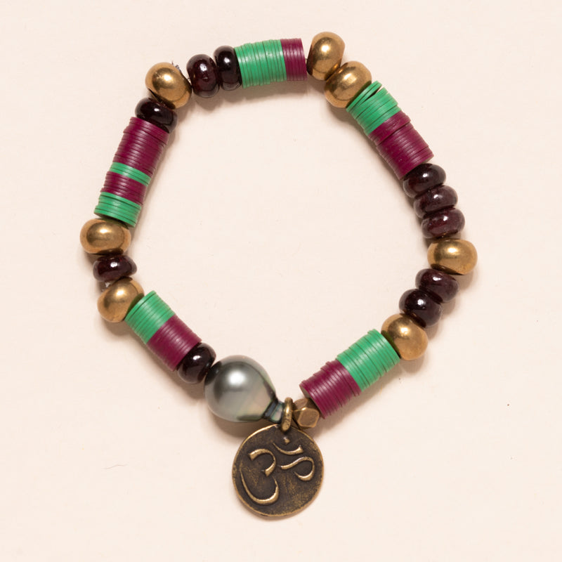 African Vinyl, Brass, and Garnet with Tahitian Pearl and Brass Shell Om Pendant