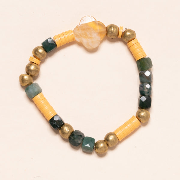 African Brass and Vinyl, Moss Agate, Citrine Clover Bloom Bracelet