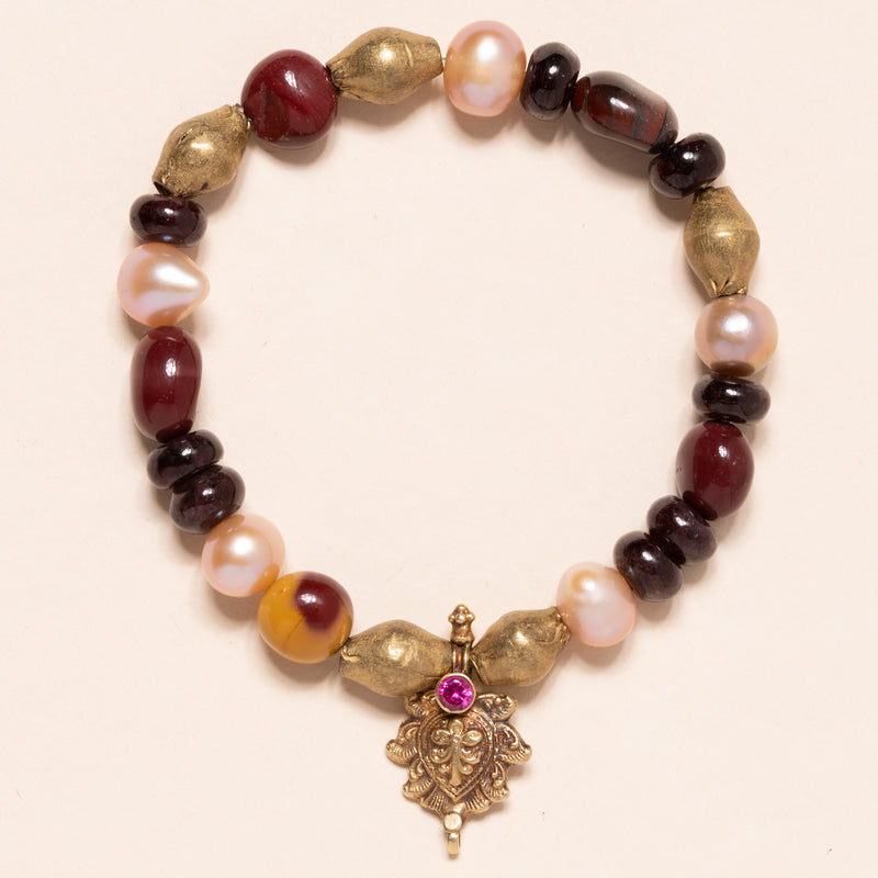Red Garnet, Mookaite Jasper, Brass, and Pearls with 24K Vintage Indian Gold and Ruby Pendant Bloom Bracelet