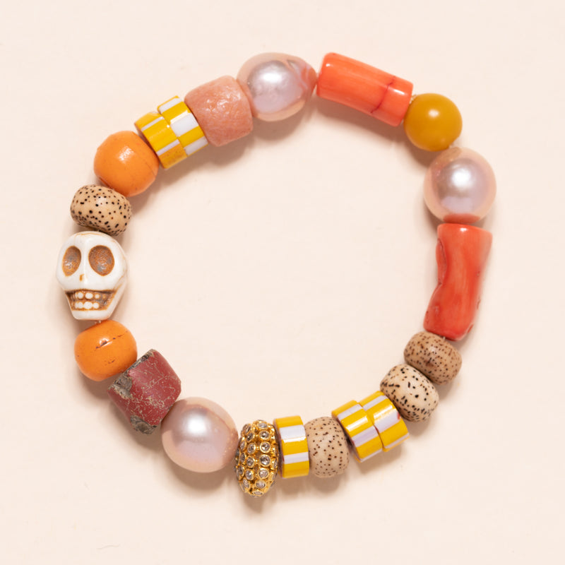 Coral, Precious Pearls, Vintage African, African Clay, Resin Skull with Gold and Diamond Round Bead Bloom Bracelet
