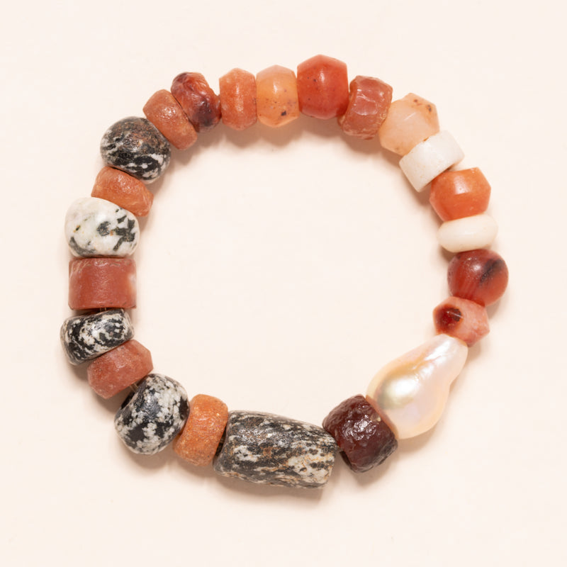 Vintage African Glass, Clay and Carnelian Beads with Pearl Bloom Bracelet