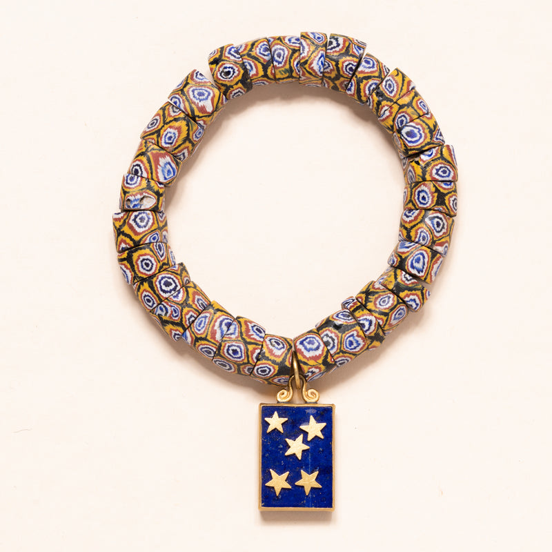 Vintage Millefiori Venice Beaded Bloom Bracelet with 24k Gold Lapis Pendant