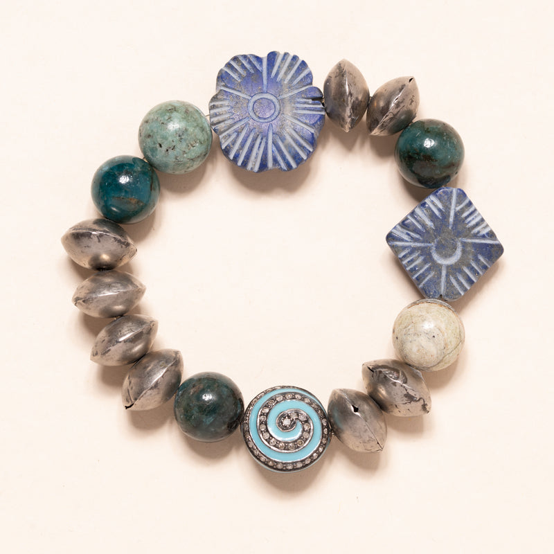 African Brass, Chysocolla, Turquoise with Carved Lapis and Enamel and Diamond Bead Bloom Bracelet