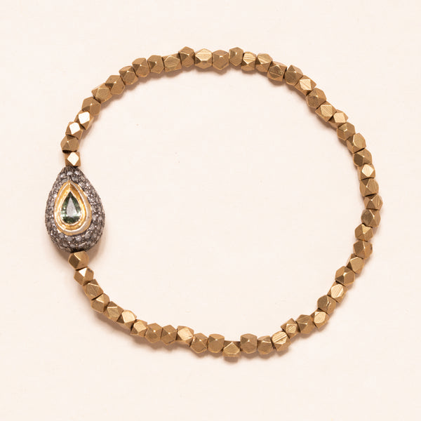 Brass with Silver and Gold Pave Diamond Tsavorite Drop Bead Bloom Bracelet