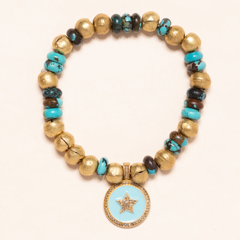 Turquoise and Brass Beads with Diamond Star Enamel Pendant Bloom Bracelet