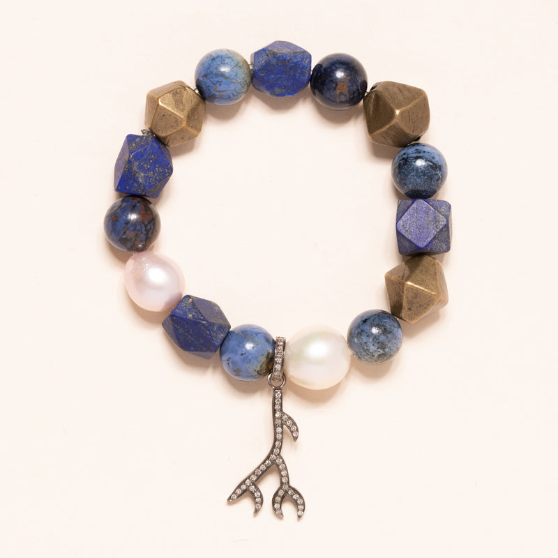 Lapis Brass and Pearl with Diamond Branch Charm Bloom Bracelet