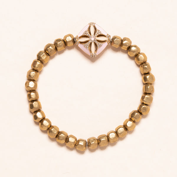 African Brass with Pink Enamel Gold and Diamond Bead Bloom Bracelet