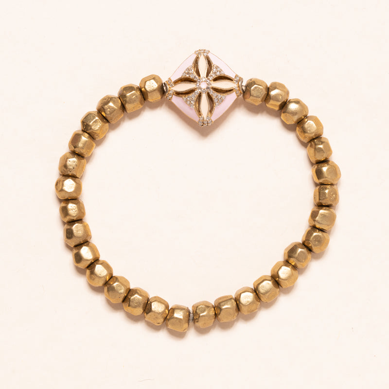 African Brass with Pink Enamel Gold and Diamond Bead Bloom Bracelet