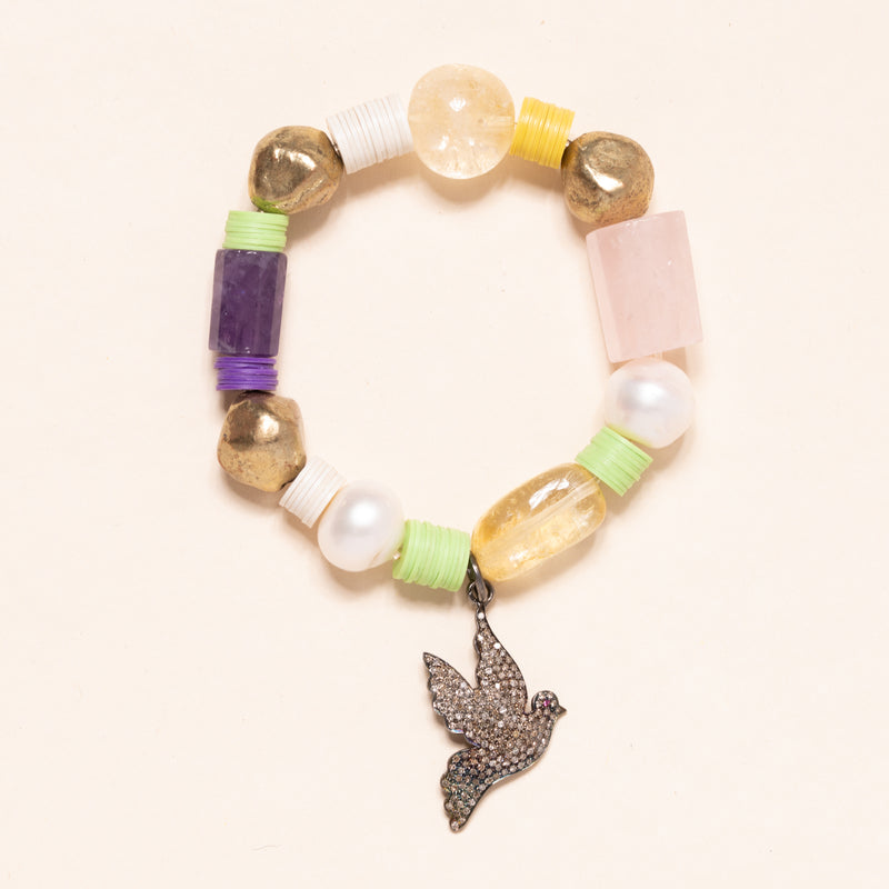 African Vinyl, Rough Brass, Citrine, Pearls, Rose Quartz and Amethyst with Pave Bird Pendant Bloom Bracelet