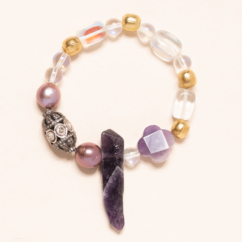 Amethyst Shard with Vintage Diamond Bead, Special Pearls, Aura Quartz and African Brass Bead Bloom Bracelet
