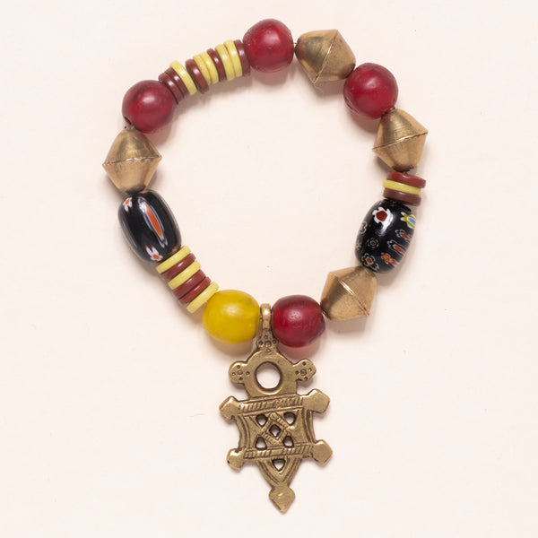 Vintage African Beads, Vinyl, and Brass Bead Bloom Bracelet