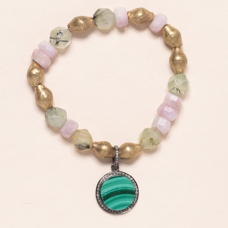 Green Rutilated Quartz, Brass, Kunzite with Malachite and Diamond Pendant Bloom Bracelet