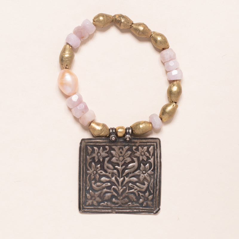 African Brass, Kunzite, Precious Pearl with Vintage Indian Pendant Bloom Bracelet