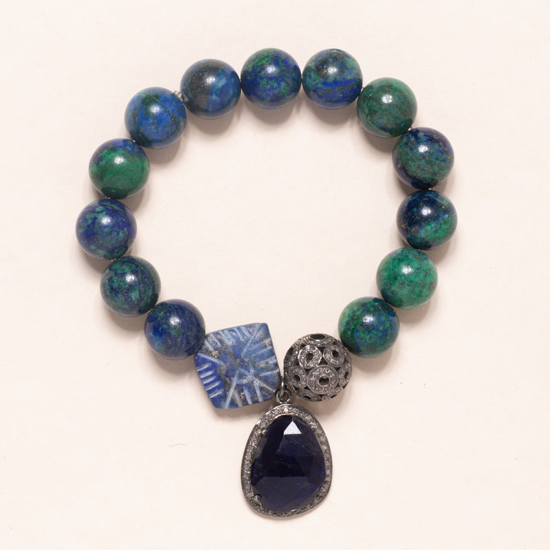Chrysocolla with Lapis Bead, Silver and Diamond Bead, and Diamond and Sapphire Pendant Bloom Bracelet