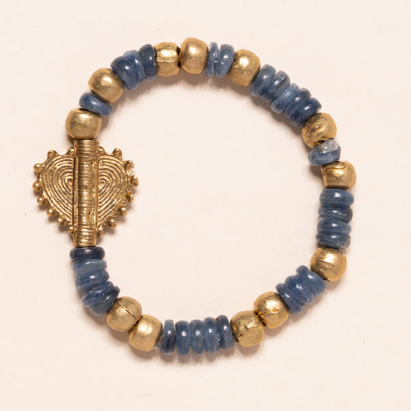 African Brass, Kyanite, Lapis with Heart Charm Bloom Bracelet