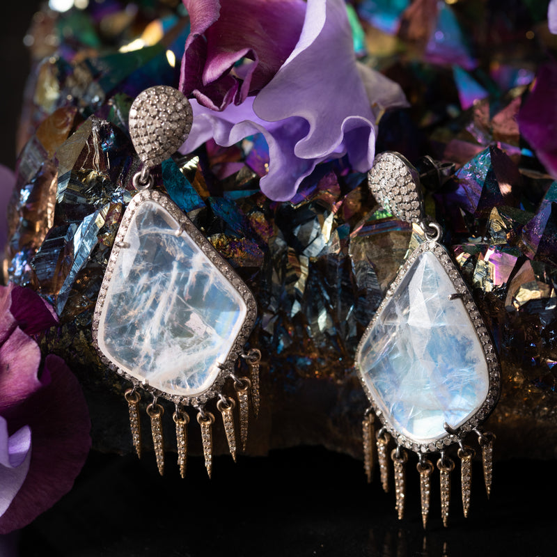Moonstone and Diamond Icicle Dangles Earrings