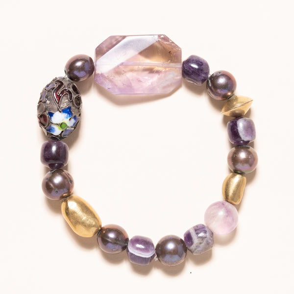 Amethyst, Fluorite, Tahitian Pearl, Brass, and Italian Enamel Bloom Bracelet