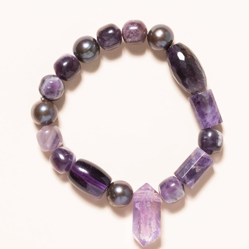 Amethyst, Fluorite, Tahitian Pearl, and African Glass Bloom Bracelet