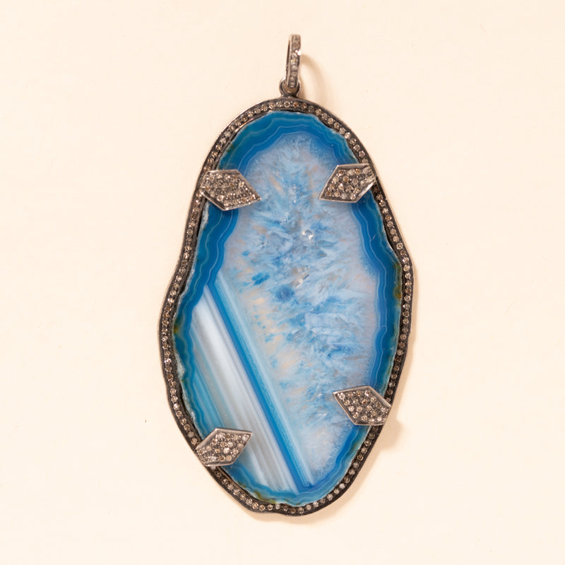 blue agate slice pendant silver and pave diamonds