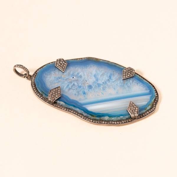 blue agate slice pendant silver and pave diamonds