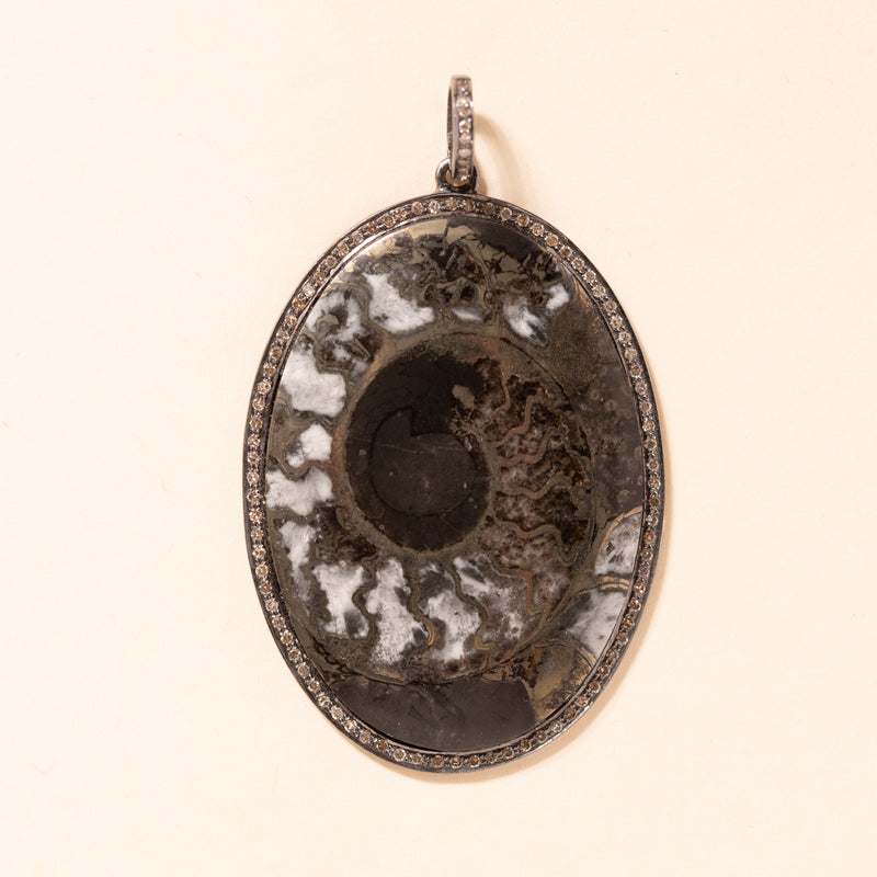 pyrite ammonite rose cut diamond silver pendant 