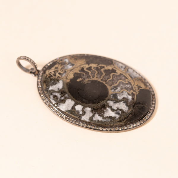 pyrite ammonite rose cut diamond silver pendant 