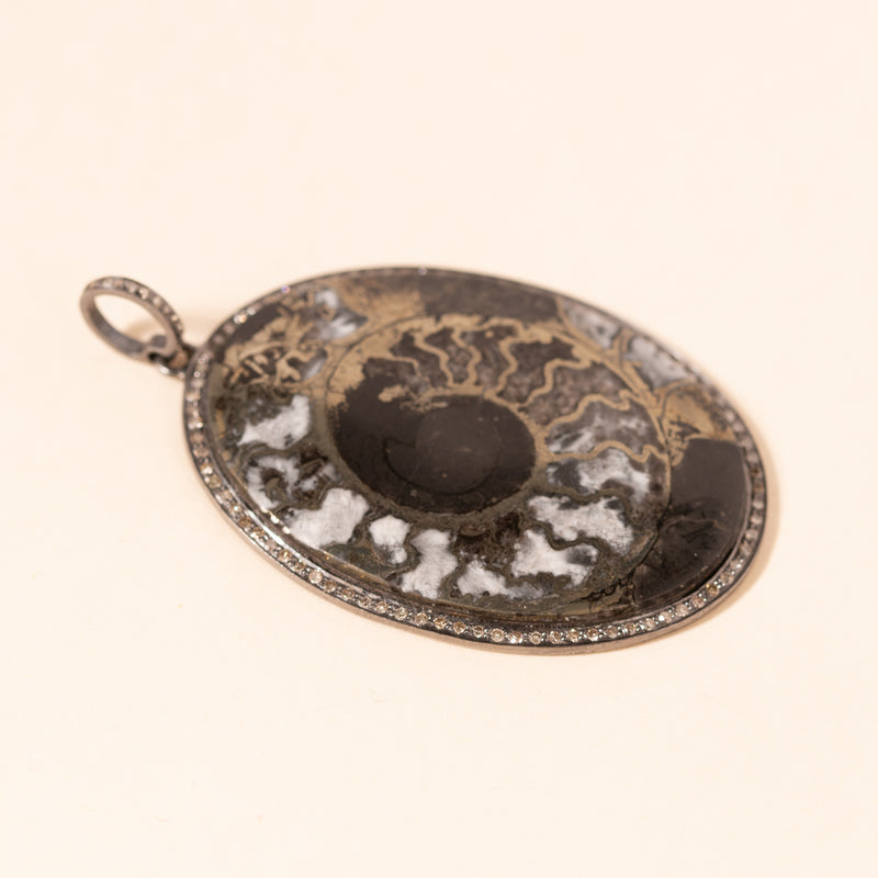 pyrite ammonite rose cut diamond silver pendant 