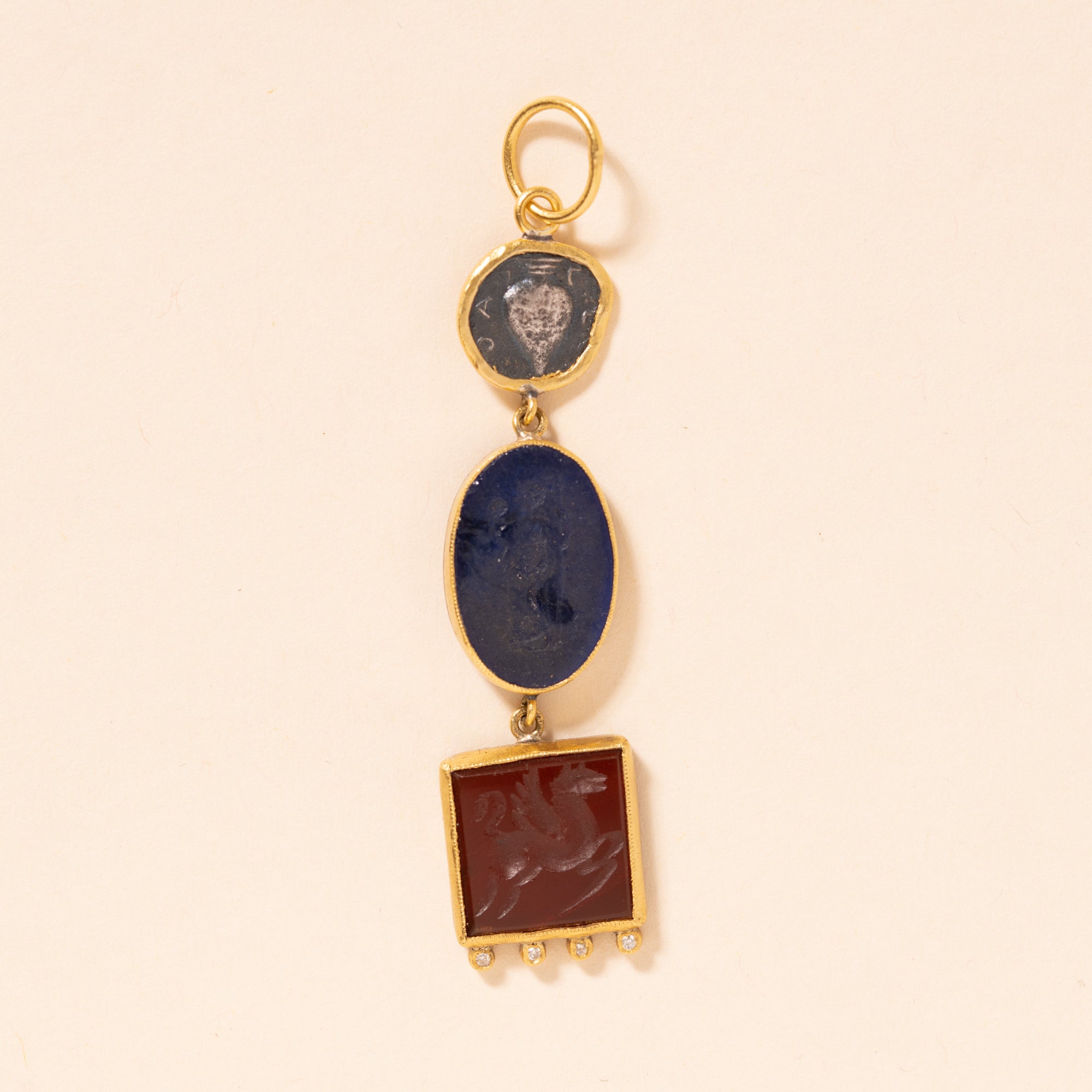 engraved stone and ancient coin gold pendant 