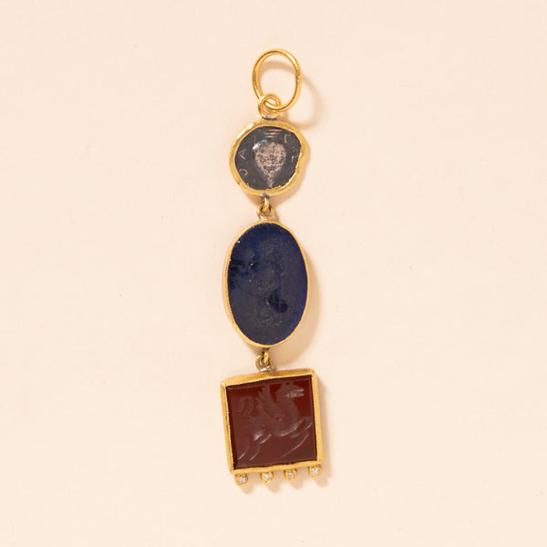 engraved stone and ancient coin gold pendant 