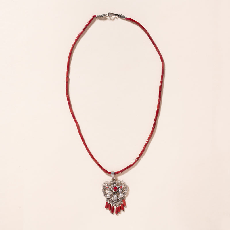 Corazon coral palito Oaxacan silver necklace