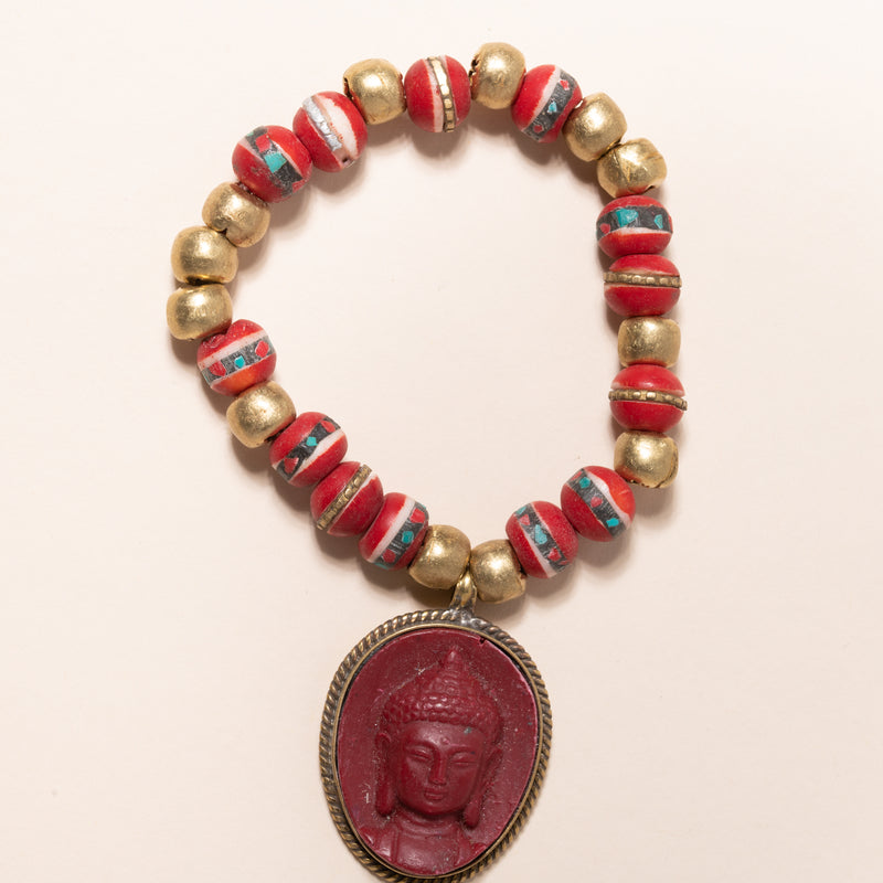 Tibetan Brass and African Clay Beads with Buddha Pendant Bloom Bracelet