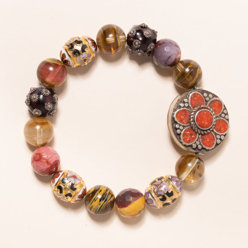 Italian Enamel, Faceted Agate, Quartz, and Tiger's Eye with Flower Pendant Bloom Bracelet