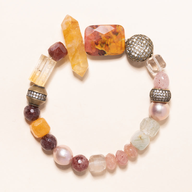 Citrine, Precious Pearl, and CZ Diamond Roundell with Phantom, Strawberry, and Included Quartz Beads Bloom Bracelet