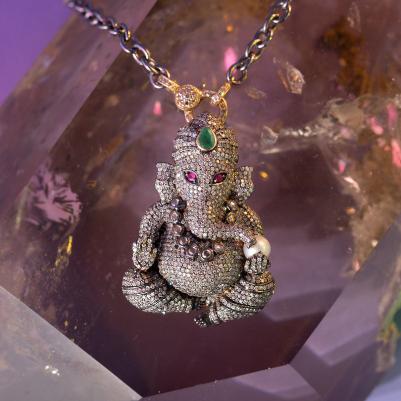 Large Pave Silver Ganesha Pendant