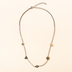 16in Silver and diamond necklace with gold hasma, star, heart, evil eye and smiley face charm